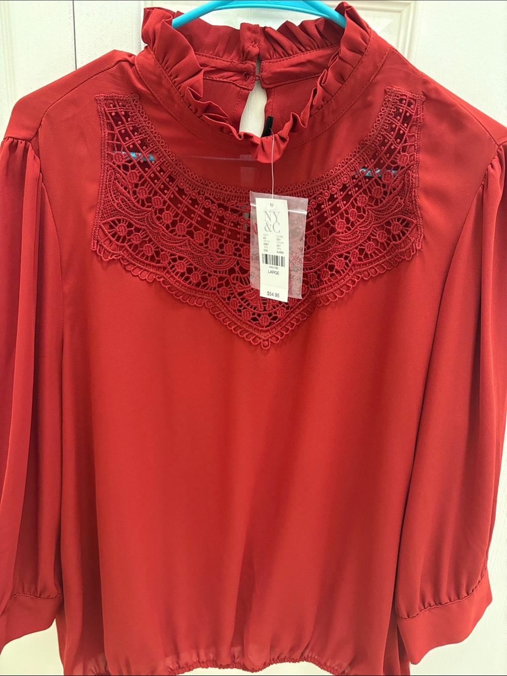 New York & Company Red Lace Yoke Ruffle Neck Blouse